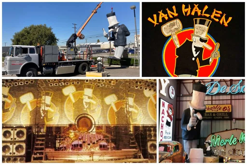 From left to right clockwise: Western Exterminator's 20-foot Mr. Little statue from its Santa Ana location is moved by crane into a truck bed, a depiction of Mr. Little used for Van Halen’s 1984 tour, Mr. Little on the backdrop of the rock band’s tour stage, the Santa Ana Mr. Little statue as it currently stands at the Van Nuys, Calif. Valley Relics Museum.