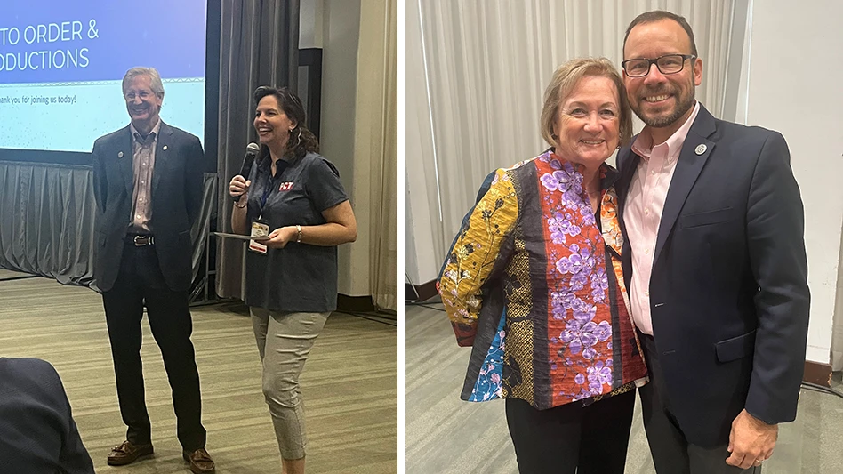 On left: PPMA Chair Bobby Jenkins accepts a donation from PCT Publisher Jodi Dorsch. On right: PPMA Executive Director Cindy Mannes celebrates the appointment of her successor, Jim Fredericks.