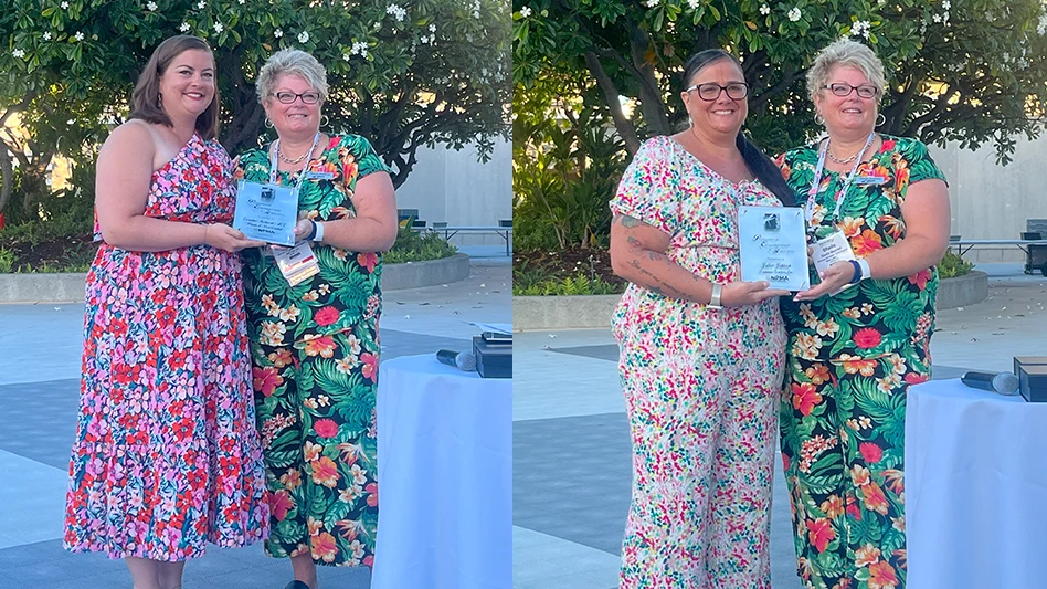 Caroline Kohnert, A.C.E. (left photo), technical director at Plunkett's Pest Control, and Jullee Johnson (right photo), administrative executive assistant and project coordinator at Terminix, receive the 2023 Deni Naumann Women in Pest Management Empowerment Grant from PWIPM Chair Sheila Haddad.